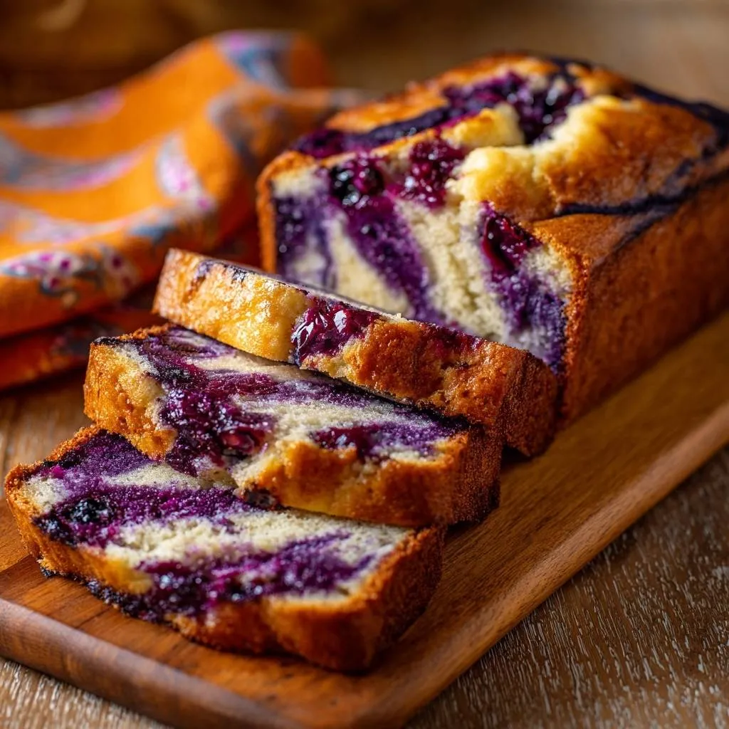 Swirled blueberry loaf showing a beautiful cross-section with vibrant berry swirls and a golden crumb.