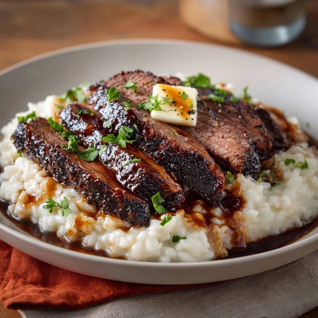Tender glazed short ribs over buttery rice, shown in a close-up with a pat of butter and fresh parsley garnish.