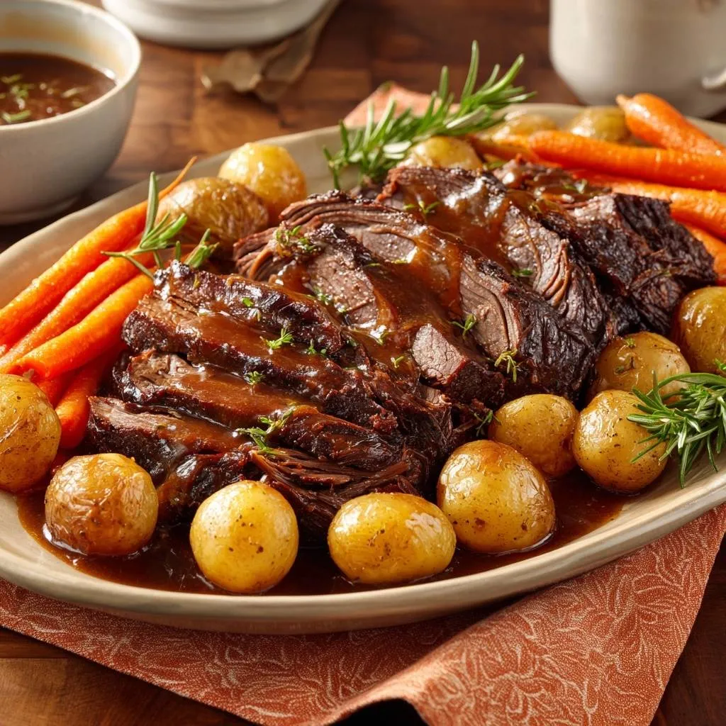 Tender pot roast with carrots and potatoes, sliced and served on a platter with gravy and rosemary garnish.