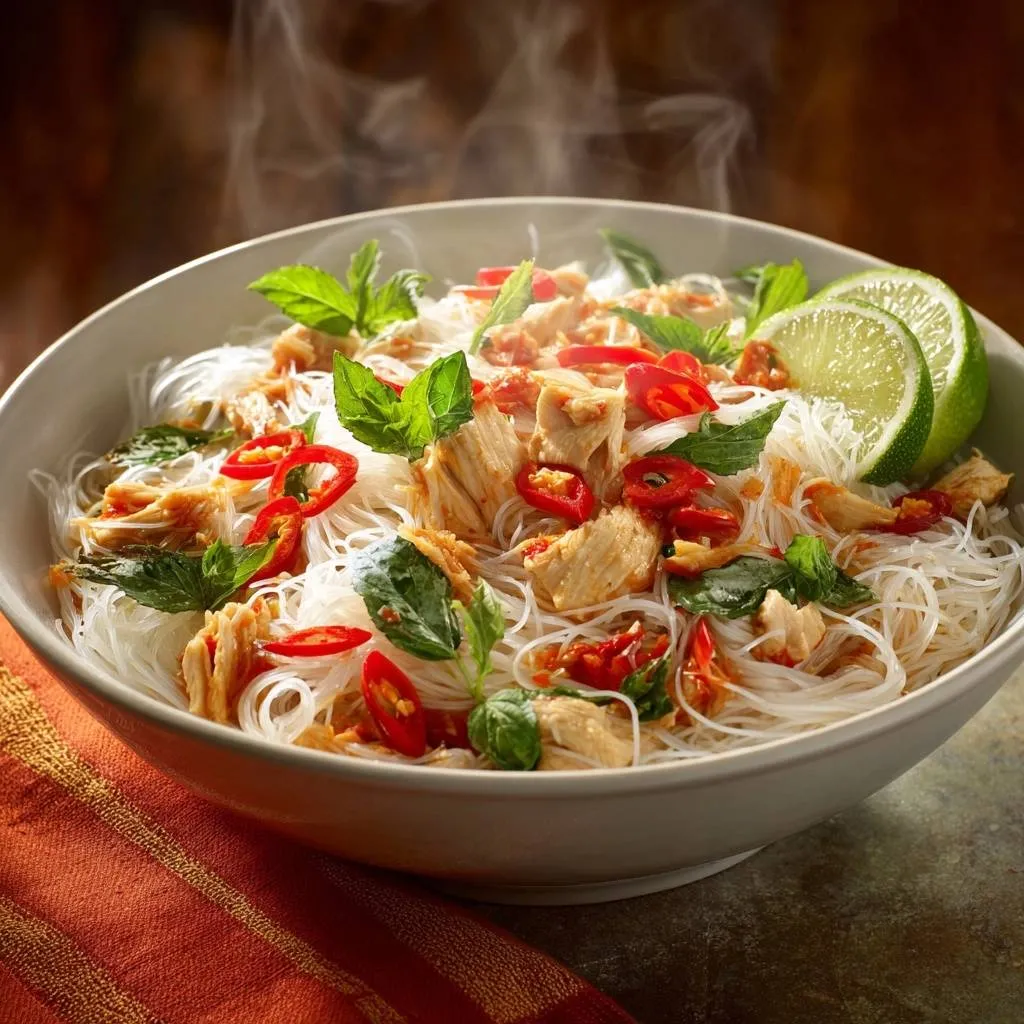 Thai basil chicken rice noodles served in a steaming bowl, garnished with chili and lime slices.