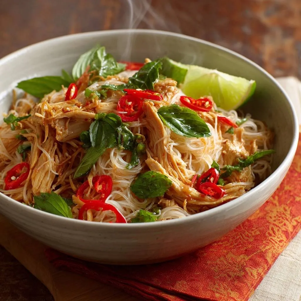 Thai basil chicken rice noodles served steaming in a light grey bowl with fresh basil and chili garnish.
