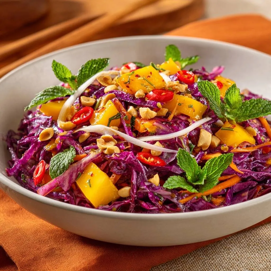 Thai mango cabbage slaw shown in a close-up view within a white bowl, featuring fresh mint and chili.