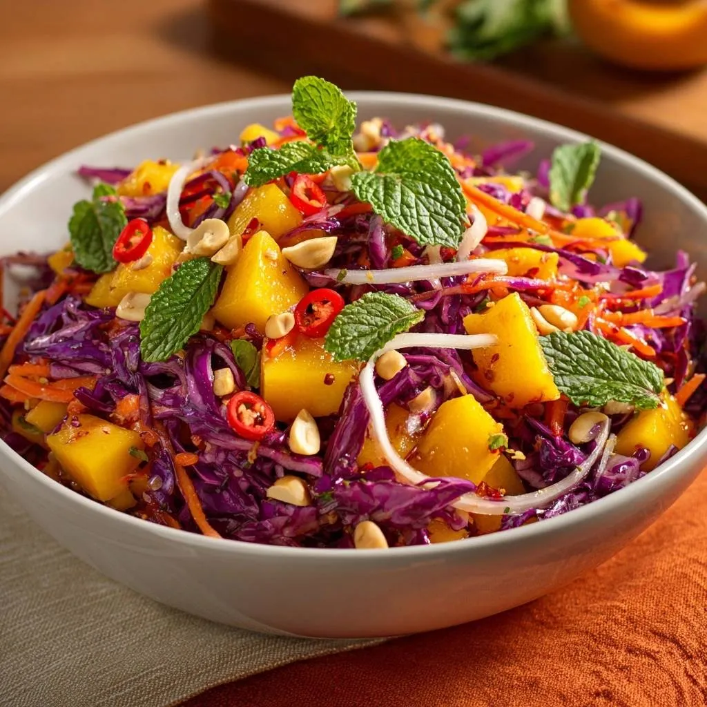 Thai mango cabbage slaw, a vibrant salad with mango, red cabbage, and mint, served in a detailed bowl with peanuts and chili.