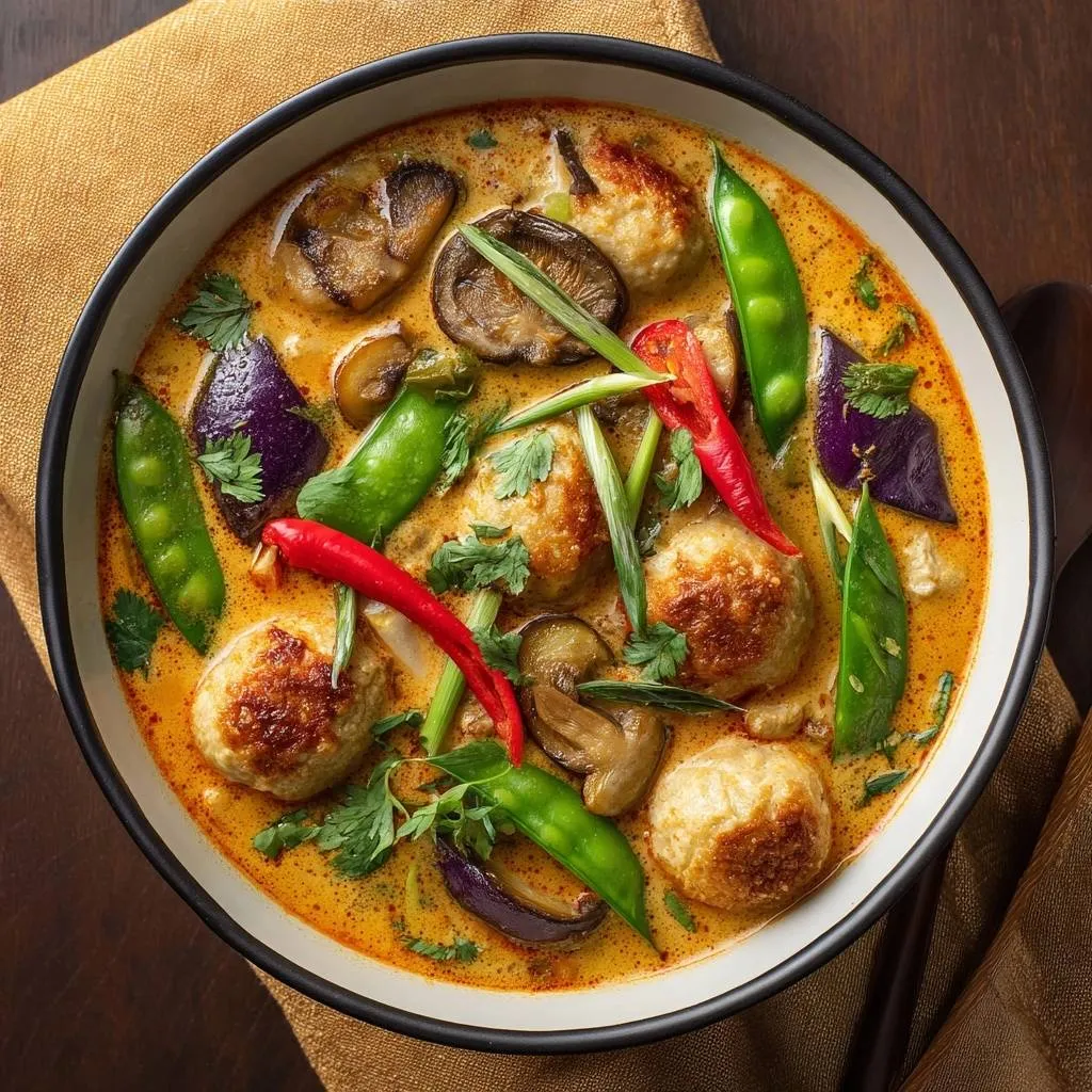 Thai yellow curry with fish balls shown in an overhead view of a rich, creamy bowl with vegetables.