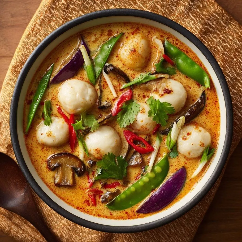 Thai yellow curry with fish balls served in a rustic bowl, showcasing snap peas, mushrooms, and chili.