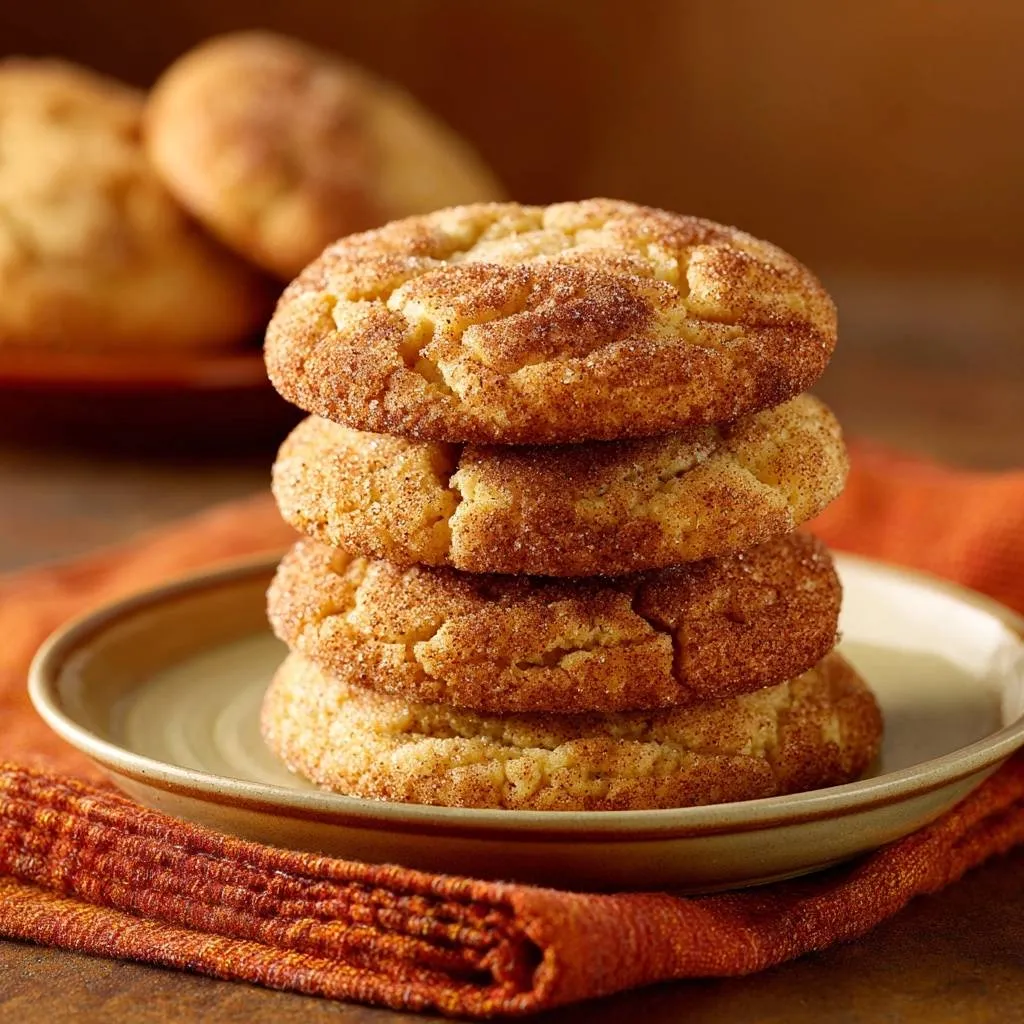 Thick snickerdoodle cookies recipe, a stack of four cinnamon-sugar coated cookies presented on a light green plate with an orange napkin.