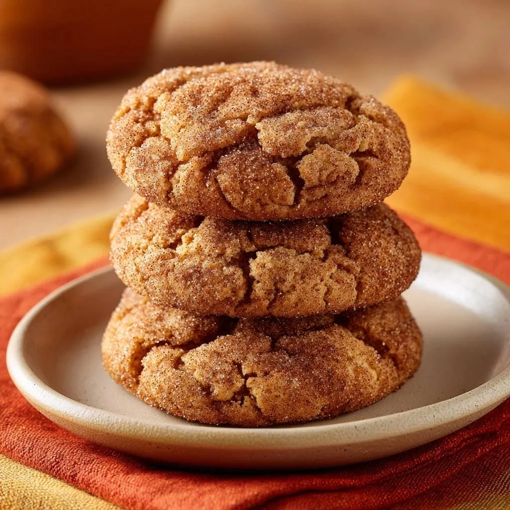 Thick snickerdoodle cookies stacked on a plate, dusted with cinnamon and sugar.