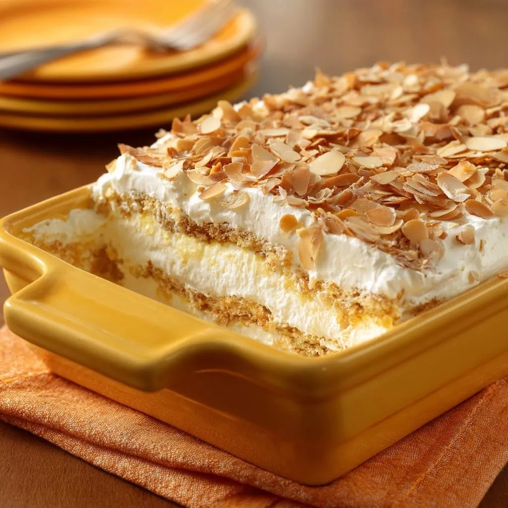 Toasted Almond Icebox Cake showing a delicious cross-section with layers of cream and cookies topped with almonds.