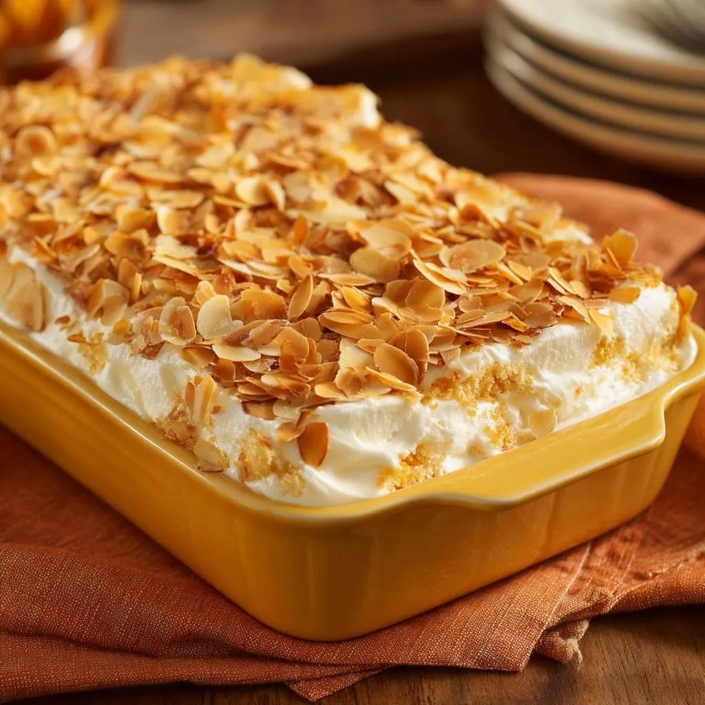 Toasted almond icebox cake topped generously with toasted sliced almonds, showcasing the crunchy texture.