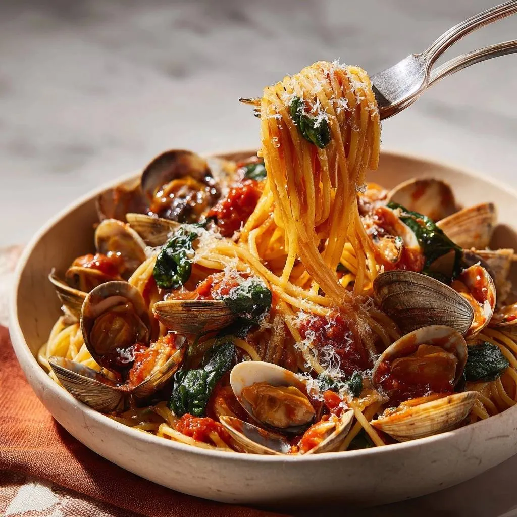 Tomato clam spinach spaghetti with a forkful being lifted, showing pasta and clams in a bowl.