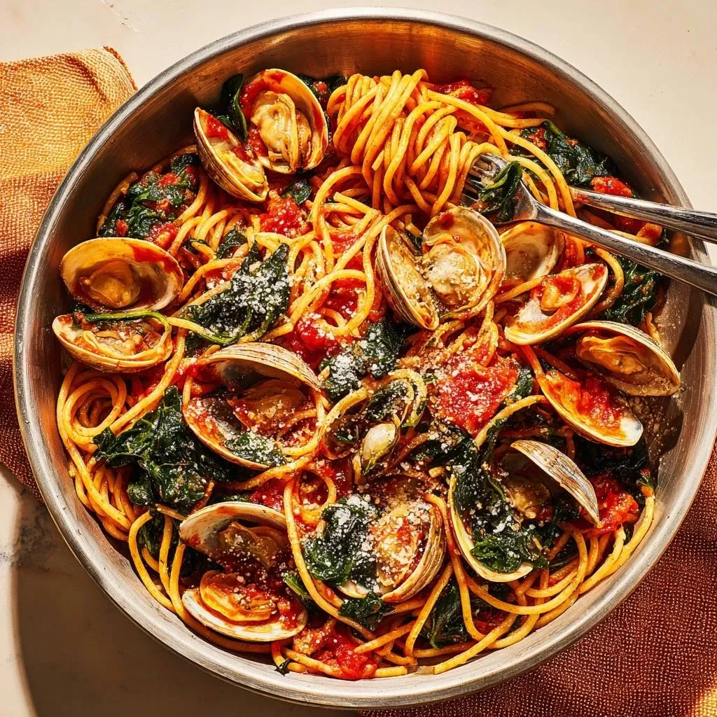Tomato clam spinach spaghetti served in a large bowl, viewed from directly overhead with forks present.