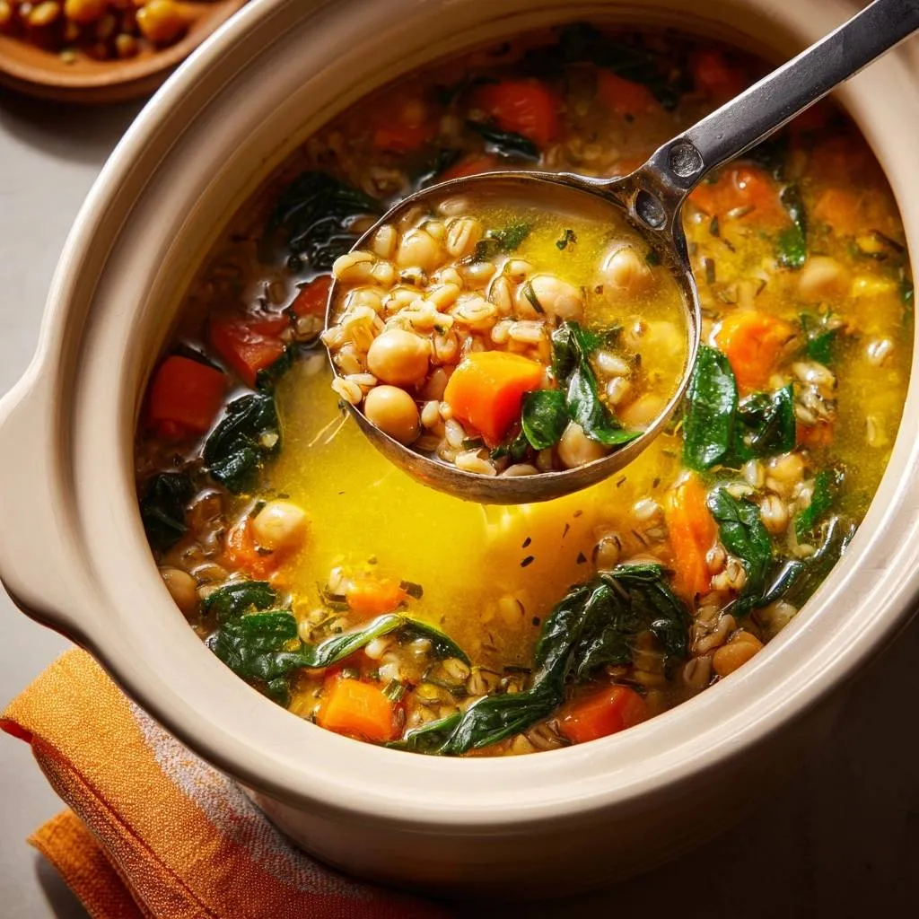 Turmeric chickpea farro soup shown in a ladle, highlighting the creamy broth and ingredients.