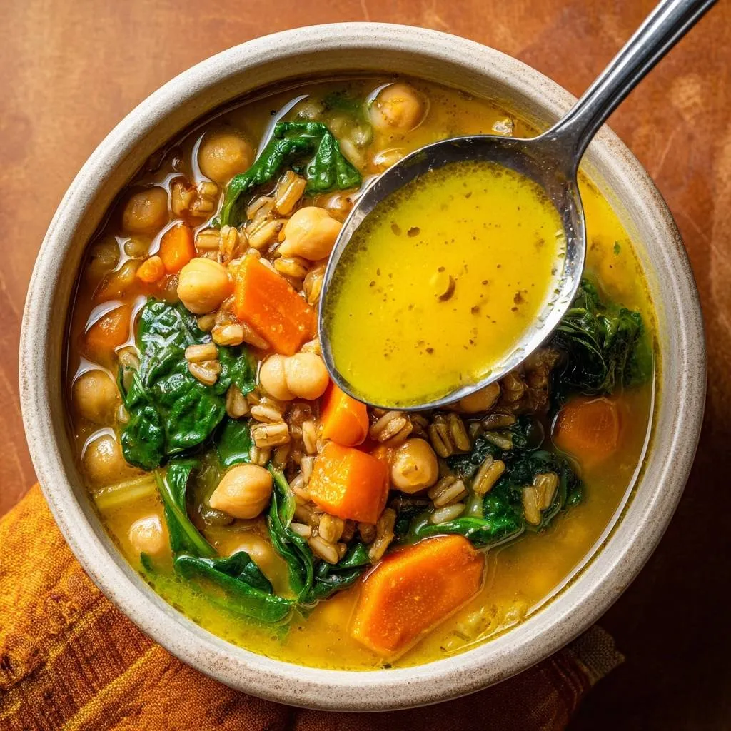 Turmeric chickpea farro soup with a spoonful of broth showing texture and ingredients.