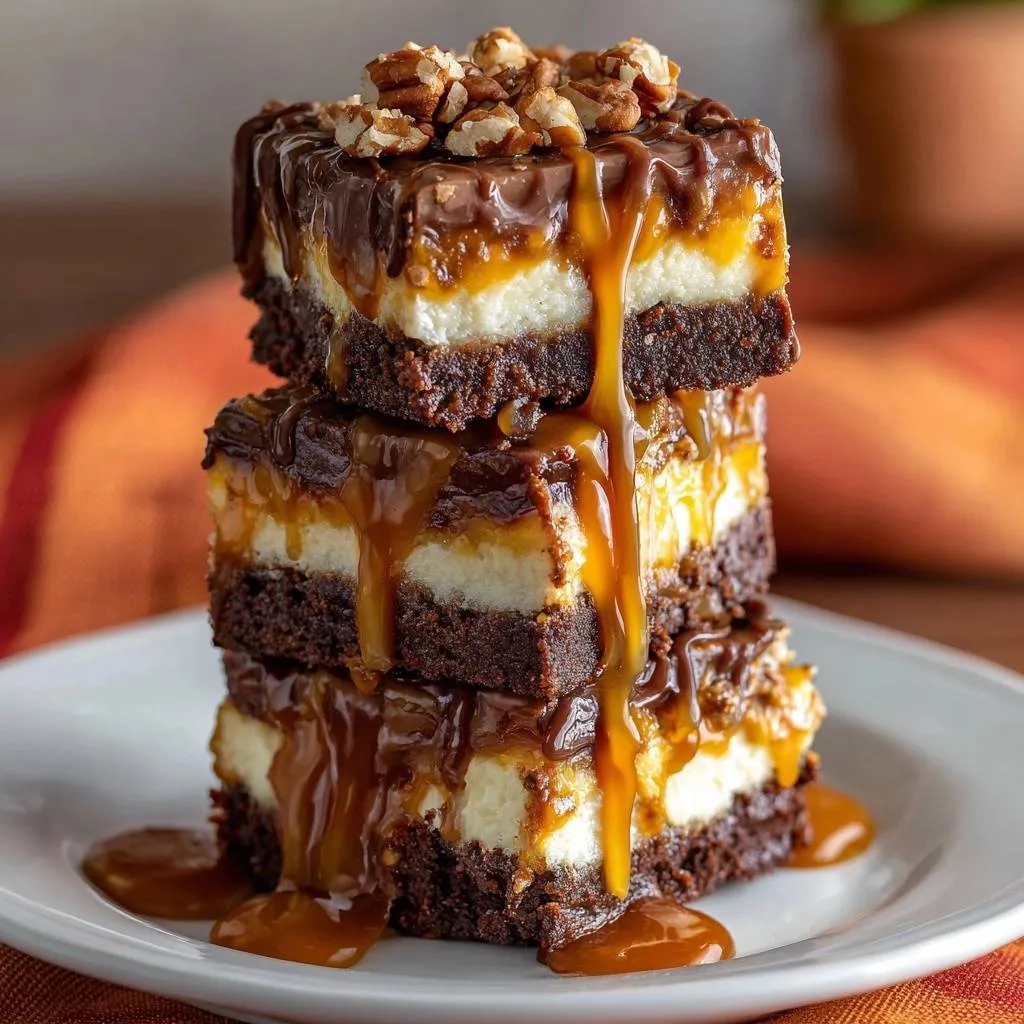 Turtle cheesecake brownies stacked high with a rich caramel drizzle cascading down the sides.
