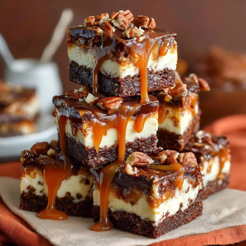 Turtle Cheesecake Brownies with Crack-Free Cheesecake - recipe image