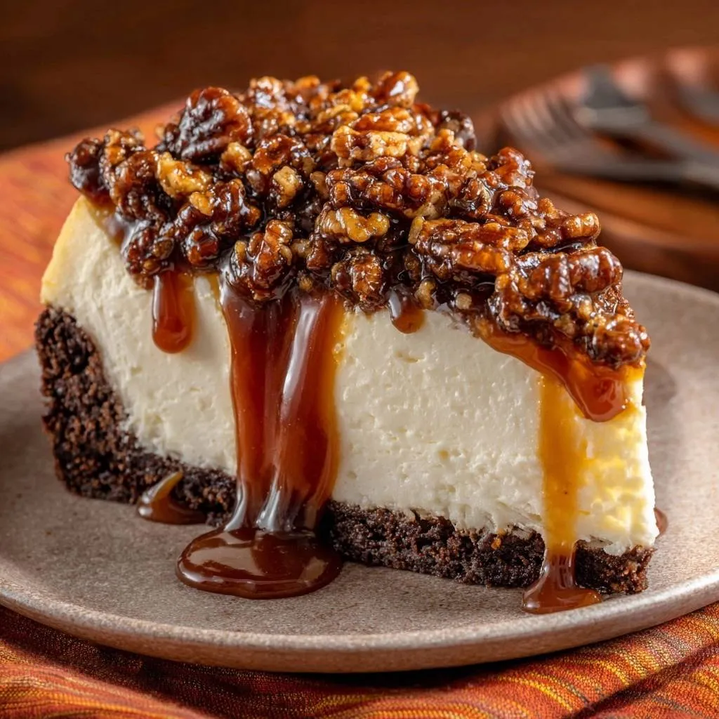 Turtle cheesecake slice with a rich caramel drizzle and walnut topping on a plate.