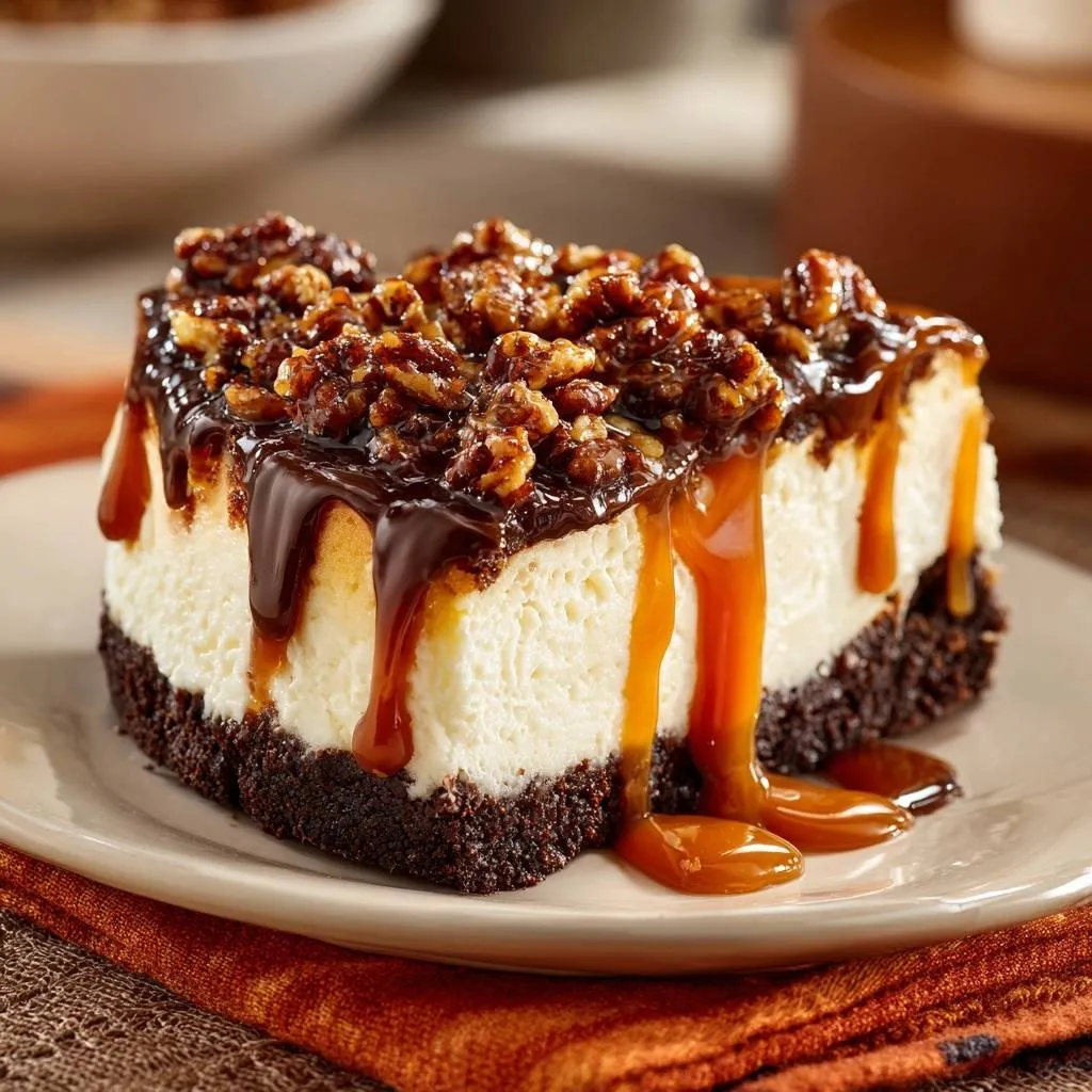 Turtle cheesecake slice with rich chocolate and caramel drizzle, topped with candied pecans.