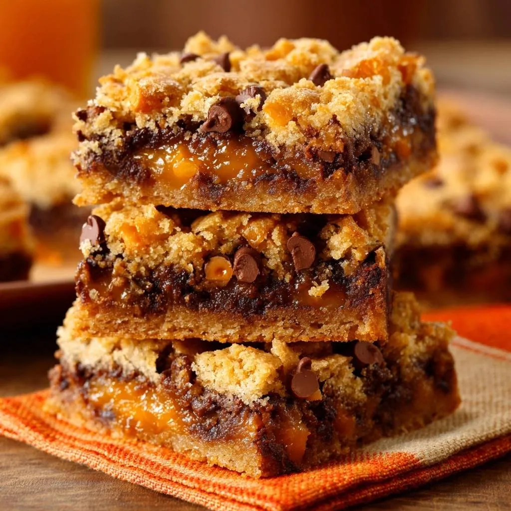 Ultimate Butterfinger Chocolate Crumble Bars stacked to reveal a rich caramel and chocolate interior with a crumble topping.