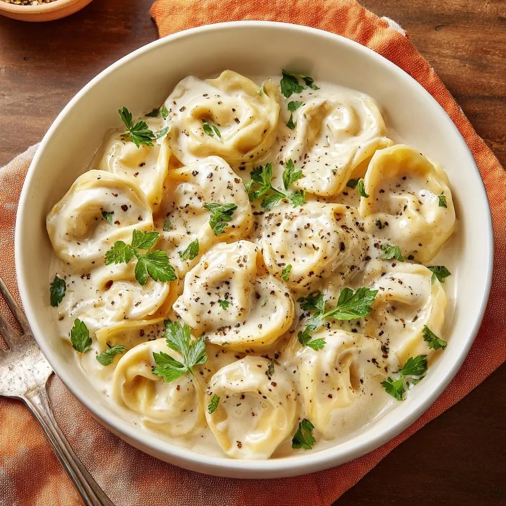 Ultra creamy pepper ravioli generously coated in sauce and garnished with parsley, shown in a white bowl from an overhead perspective.