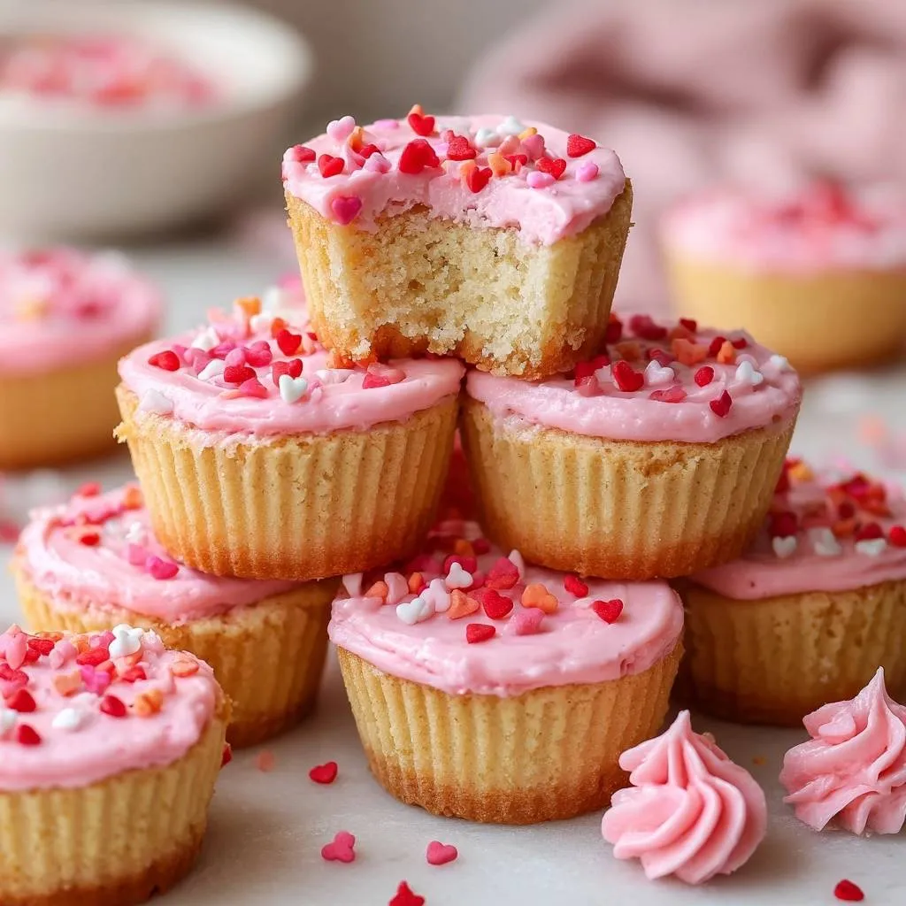 Fluffy Valentine Cupcakes shown stacked with a bite taken out of the top cupcake, revealing the cake interior.