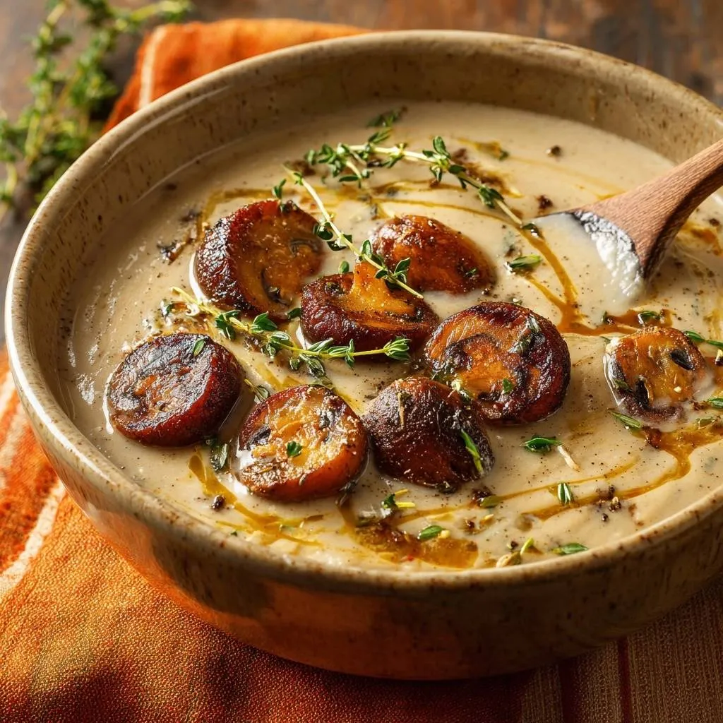 Velvety mushroom thyme soup with roasted mushroom slices and fresh thyme garnish, drizzled with oil.