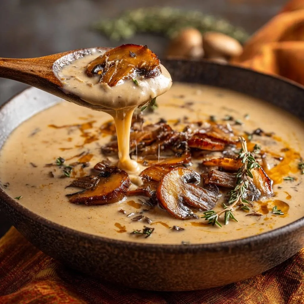 Velvety mushroom thyme soup with a spoonful being poured, showcasing its rich, thick texture and garnished with fresh thyme.