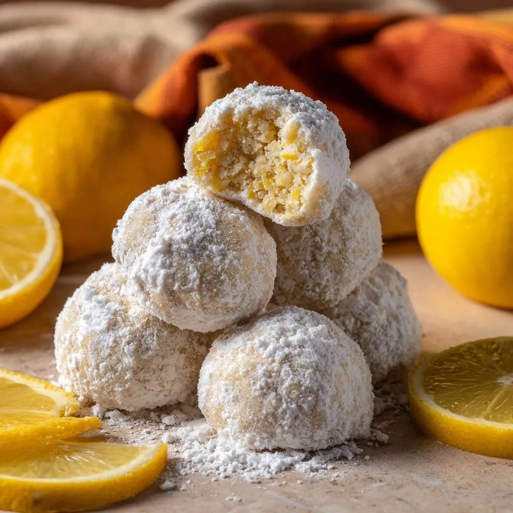 Zesty lemon snowball cookies showing a close-up cross-section with powdered sugar dusting.