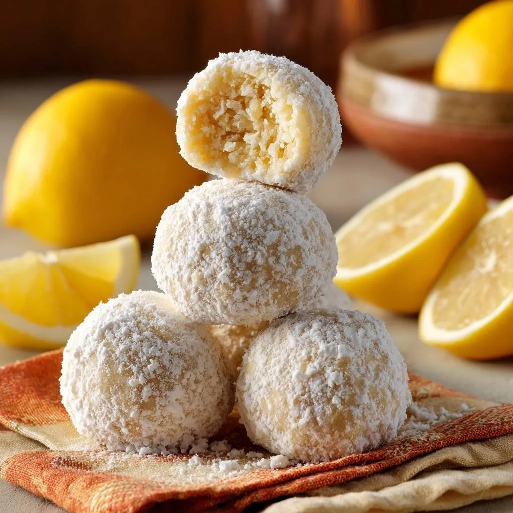 Zesty lemon snowball cookies stacked with a close-up cross-section of the top cookie showing its texture.
