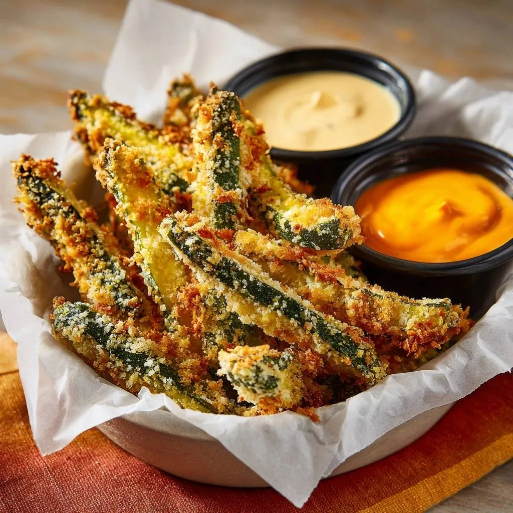 Crispy zucchini fries with dipping sauces shown from a side view in a bowl lined with white paper.