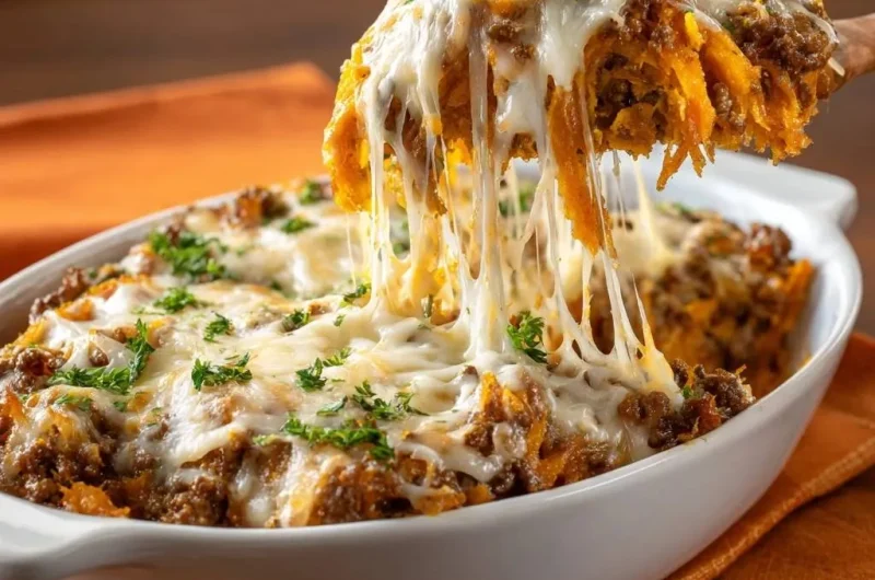 Cheesy Beef Sweet Potato Noodle Bake
