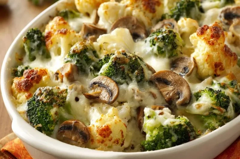 Cheesy Broccoli Cauliflower Mushroom Bake