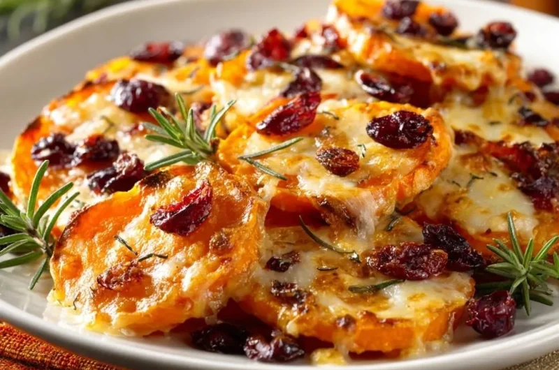 Cheesy Cranberry Rosemary Sweet Potatoes