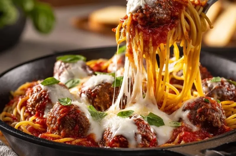 Cheesy Skillet Spaghetti and Meatballs