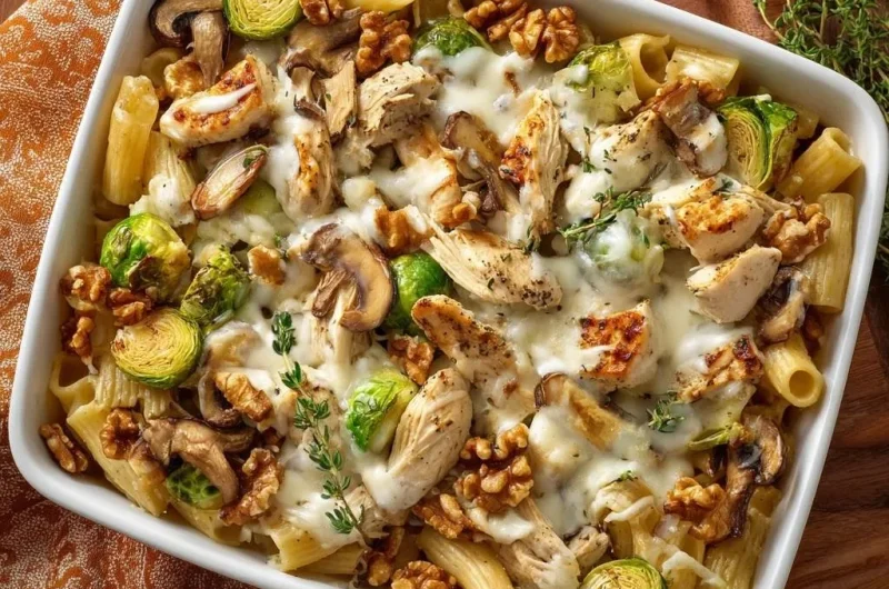 Creamy Chicken Brussels Sprout Rigatoni Bake