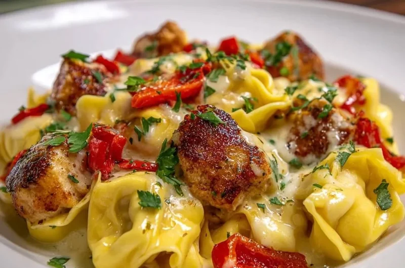 Creamy Chicken Meatball Tortellini with Roasted Red Peppers
