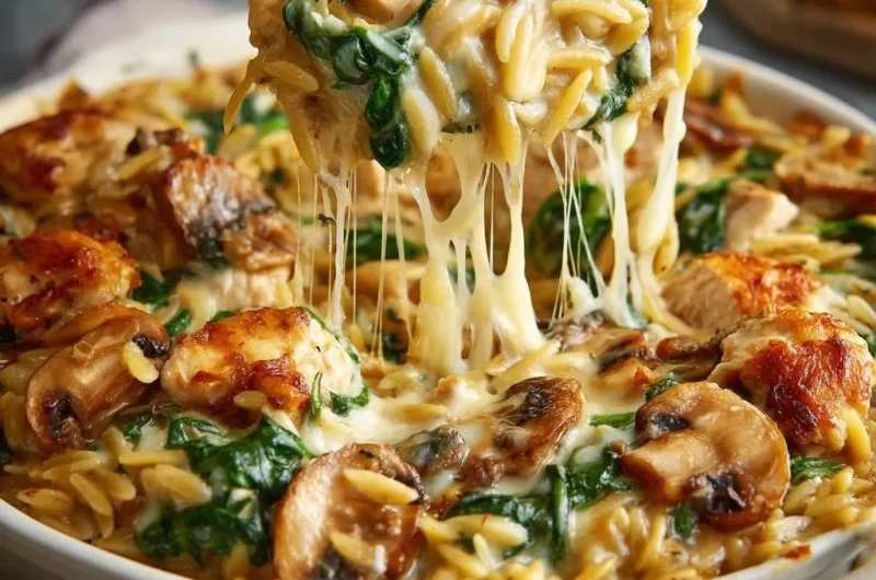 Creamy Chicken Mushroom Spinach Orzo Bake
