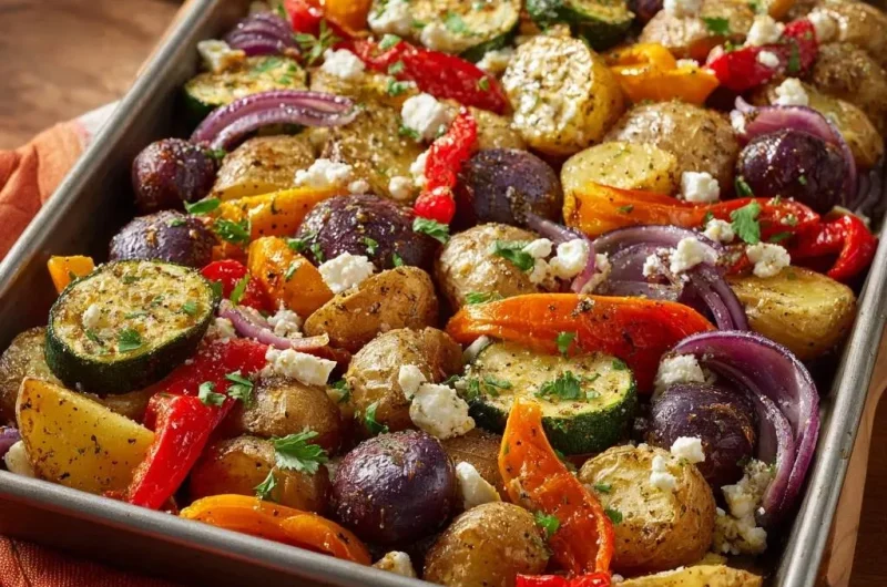 Crispy Sheet Pan Potatoes, Peppers & Zucchini with Feta