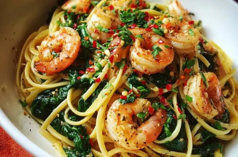 Garlic Chili Shrimp Spaghetti with Spinach