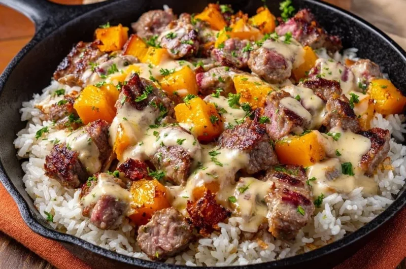 One-Pan Creamy Beef and Pumpkin Rice Skillet