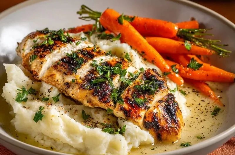 Pan-Seared Herb Chicken with Creamy Mash & Glazed Carrots