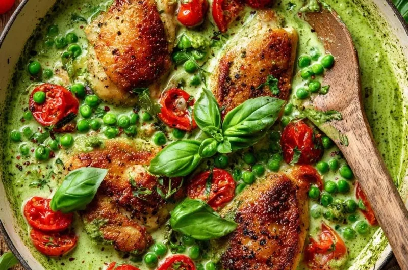 Pesto Chicken Thighs with Peas & Sun-Dried Tomatoes