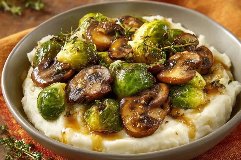 Roasted Brussels Sprouts and Mushrooms over Creamy Mash