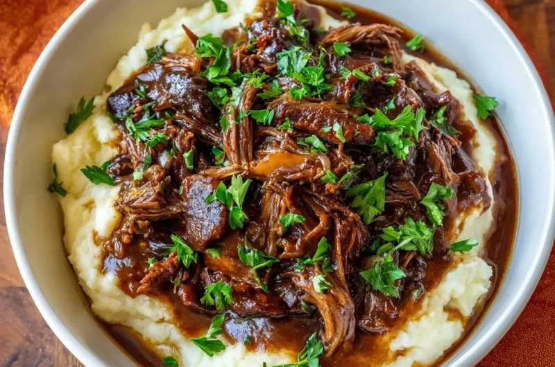Shredded Beef over Creamy Mashed Potatoes