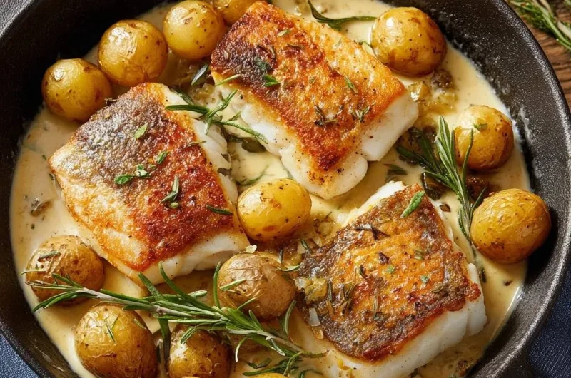Skillet-Seared Cod with Baby Potatoes and Rosemary Cream Sauce