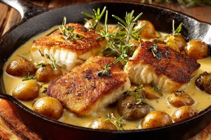 Skillet-Seared Cod with Rosemary Cream, Baby Potatoes & Mushrooms