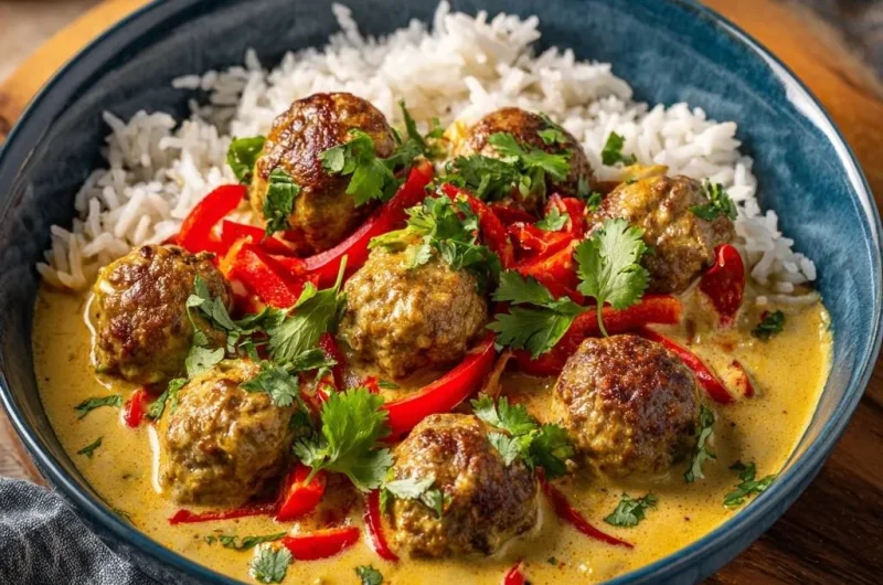 Yellow Curry Meatballs with Peppers and Rice