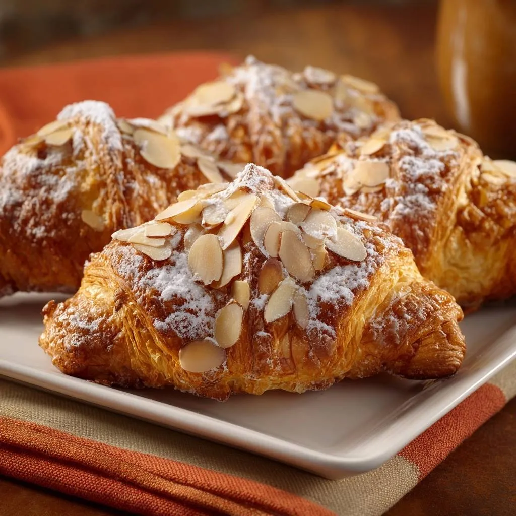 Almond croissants dusted with powdered sugar and topped with slivered almonds on a white plate.