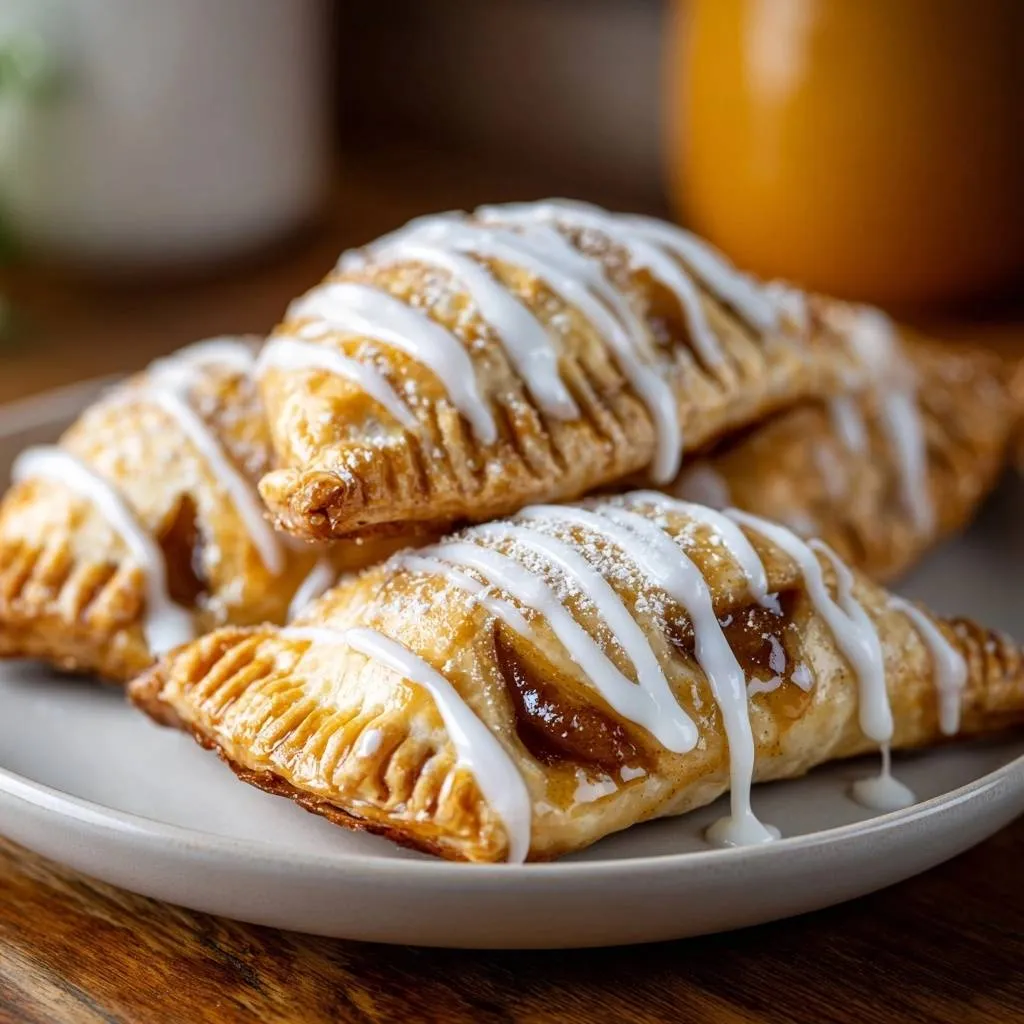 Flaky apple hand pies drizzled with white icing and dusted with powdered sugar on a plate.