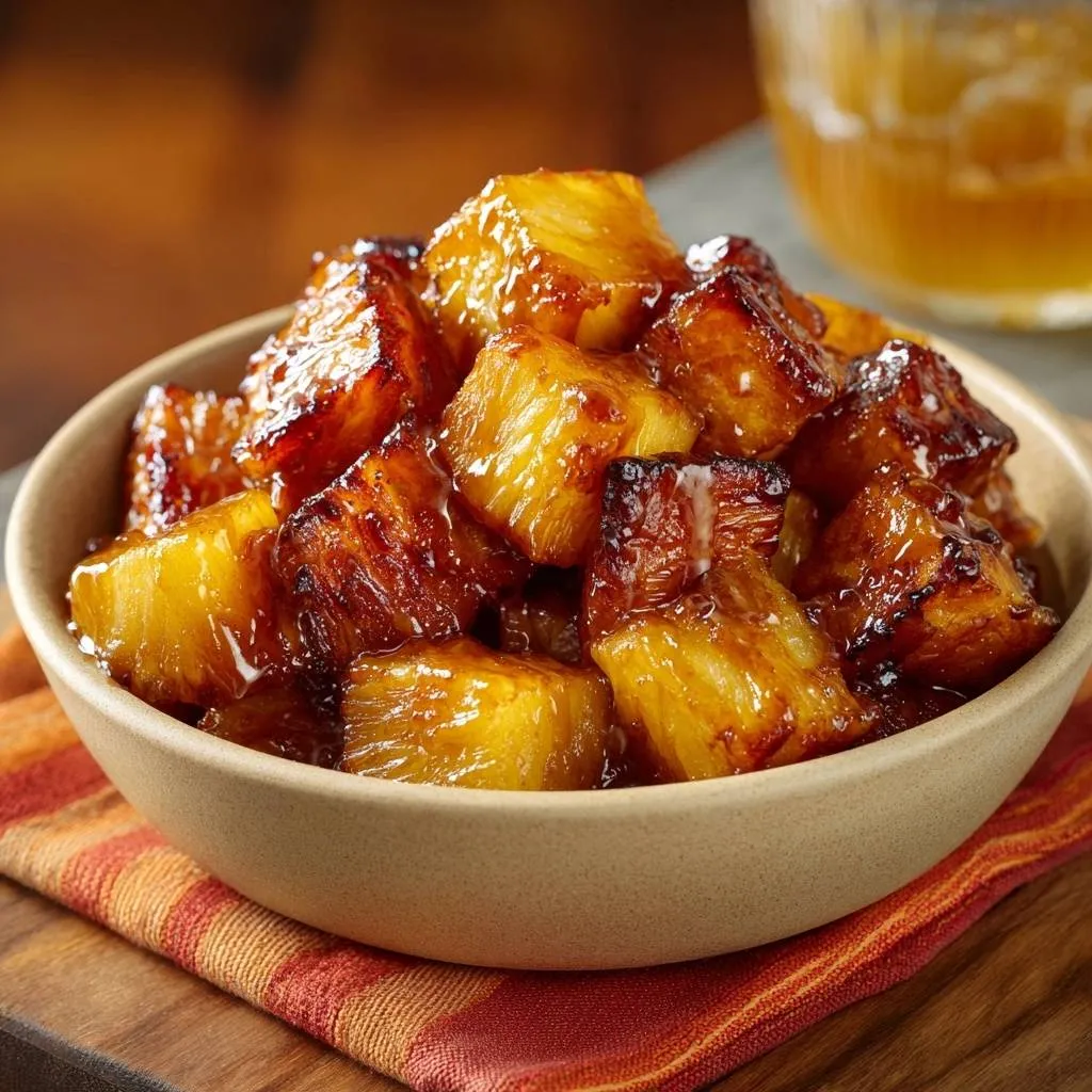 Apple oatmeal cookies with caramelized pineapple pieces glistening in a bowl, highlighting their sweet and sticky texture.