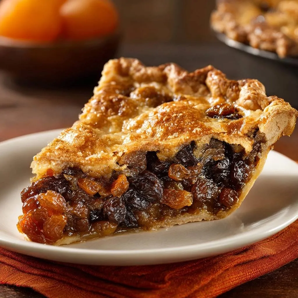 Apricot raisin pie with flaky crust shown as a close-up interior slice on a white plate.
